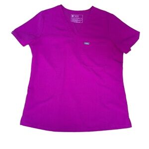FIGS Women's Scrub Top Size M Magenta V-Neck Short Sleeve Chest Pocket